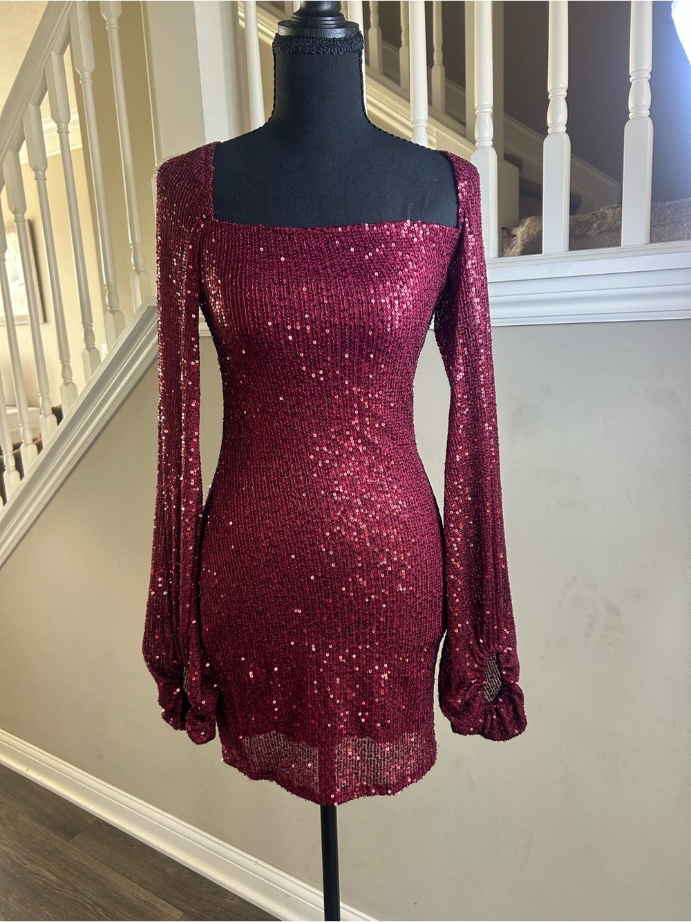 Lucy in the Sky Wine Sequin Square-Neck Long Sleeve Mini Dress